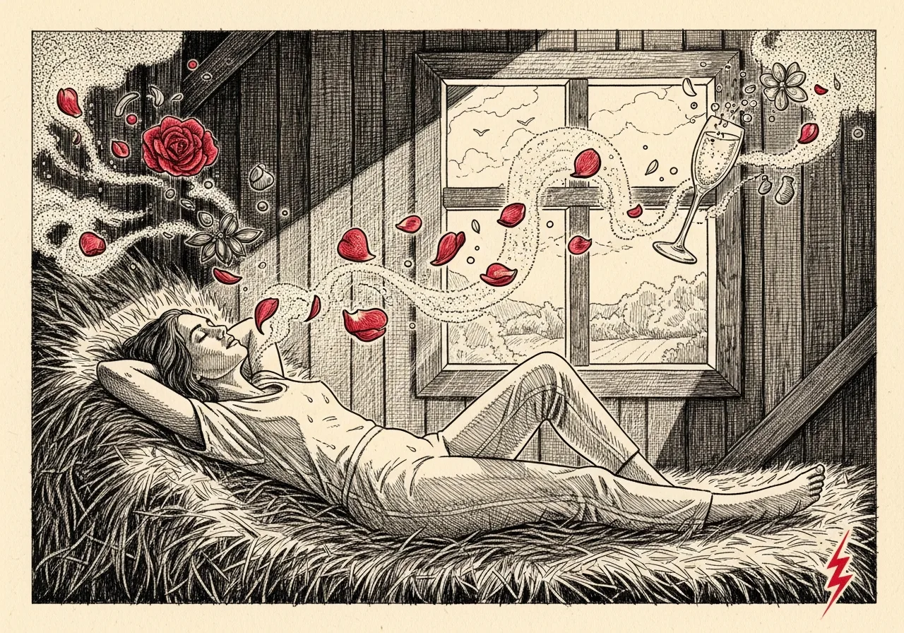 An etched pen-and-ink illustration with a red accent, evoking "She is many tastes,".