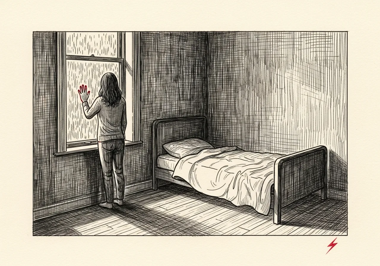 An etched pen-and-ink illustration with a red accent, evoking "Separation Anxiety".
