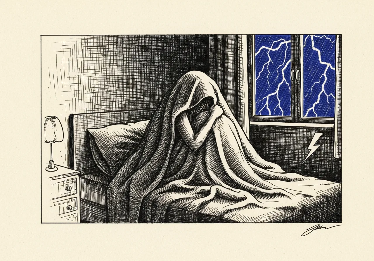An etched pen-and-ink illustration with a blue accent, evoking "I cower".