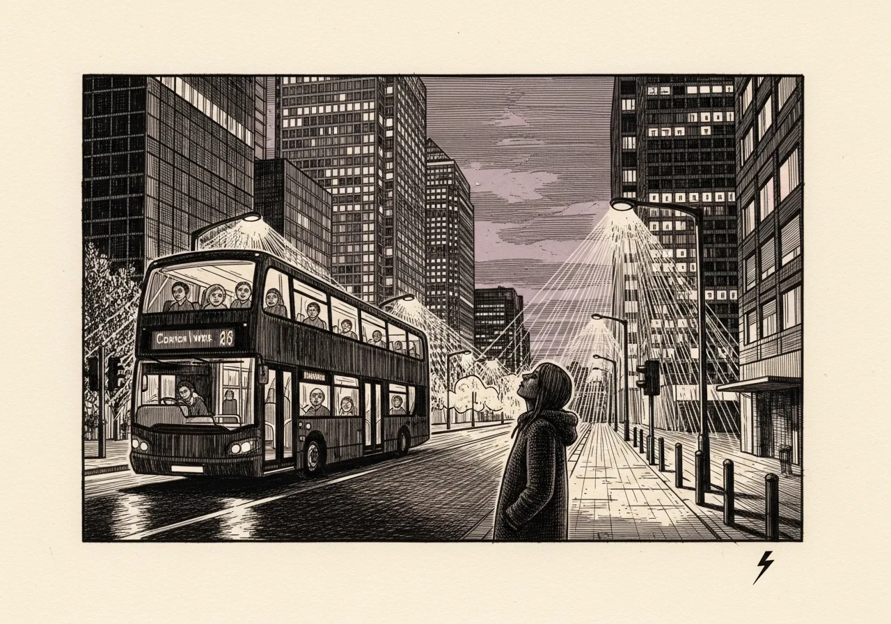 An etched pen-and-ink illustration with a purple accent, evoking "Nothing much happens,".