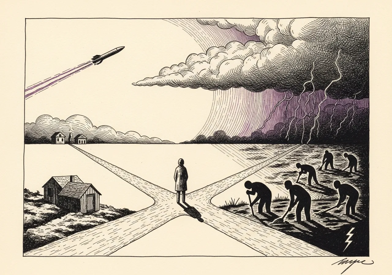 An etched pen-and-ink illustration with a purple accent, evoking "It might be privilege".