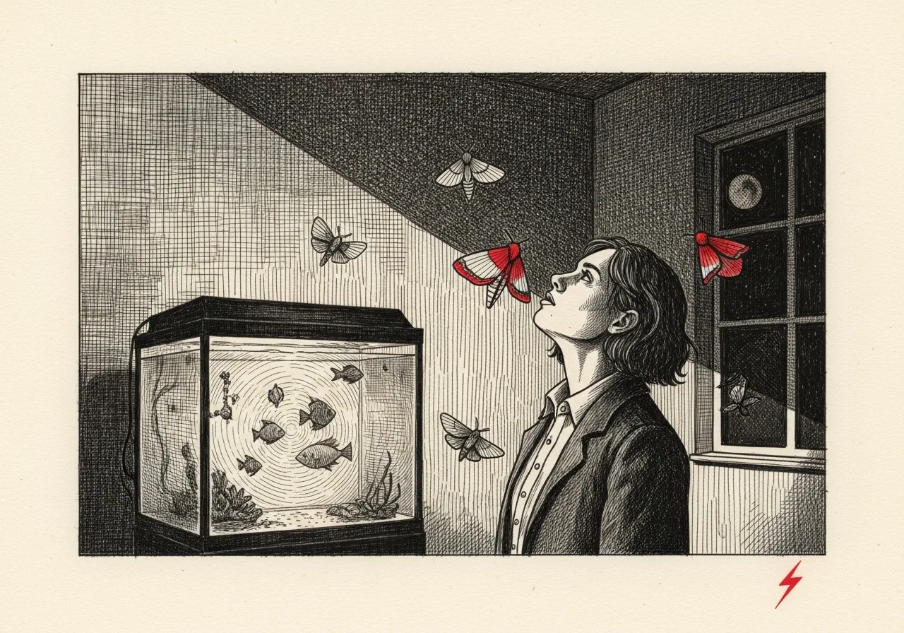 An etched pen-and-ink illustration with a red accent, evoking "A good day.".