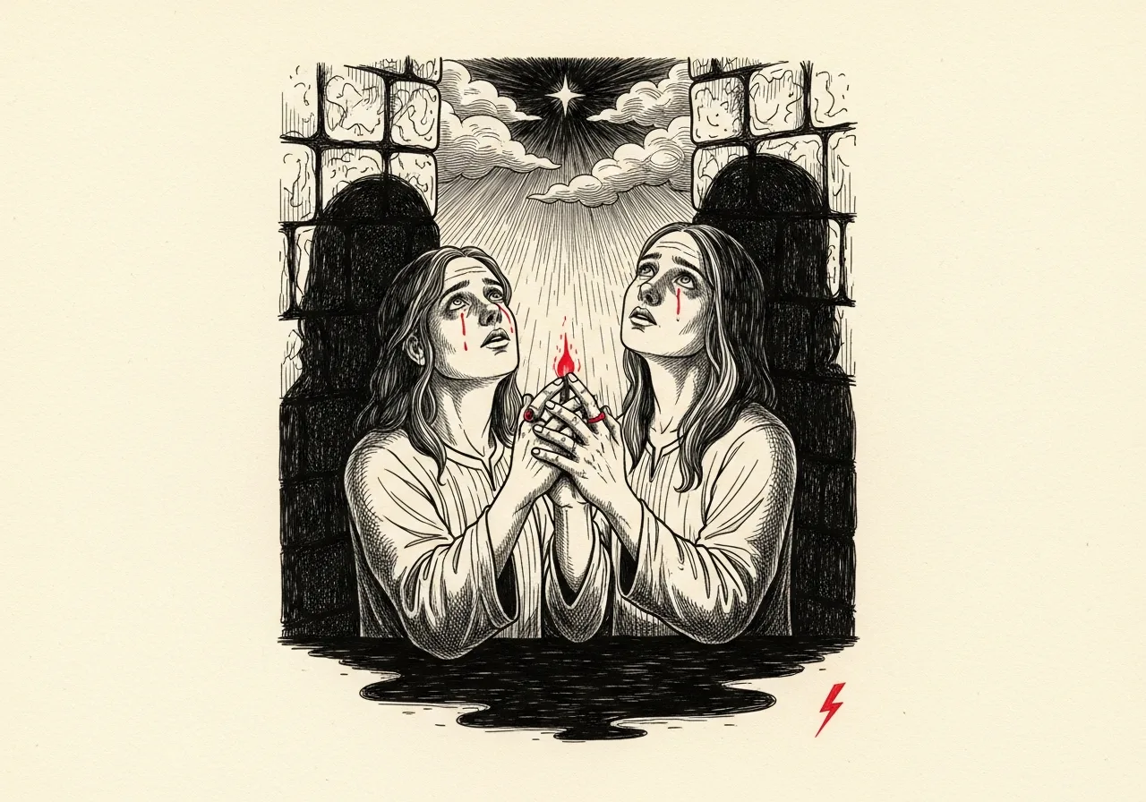 An etched pen-and-ink illustration with a red accent, evoking "These are testing times".