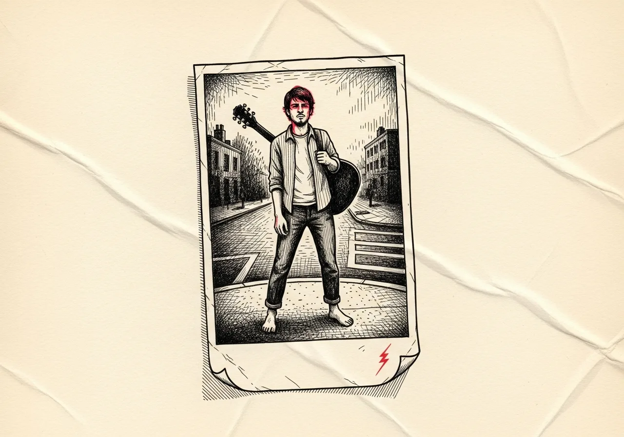 An etched pen-and-ink illustration with a red accent, evoking "The old photograph.".