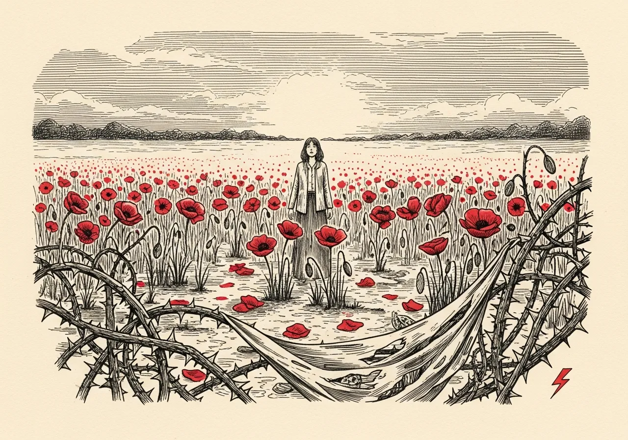 An etched pen-and-ink illustration with a red accent, evoking "A time of poppies".