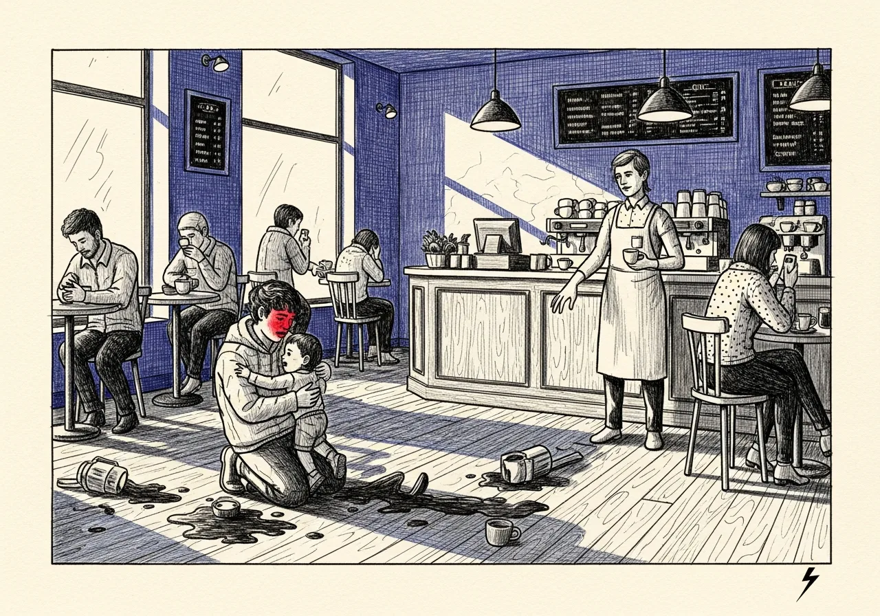An etched pen-and-ink illustration with a blue accent, evoking "The disruption".