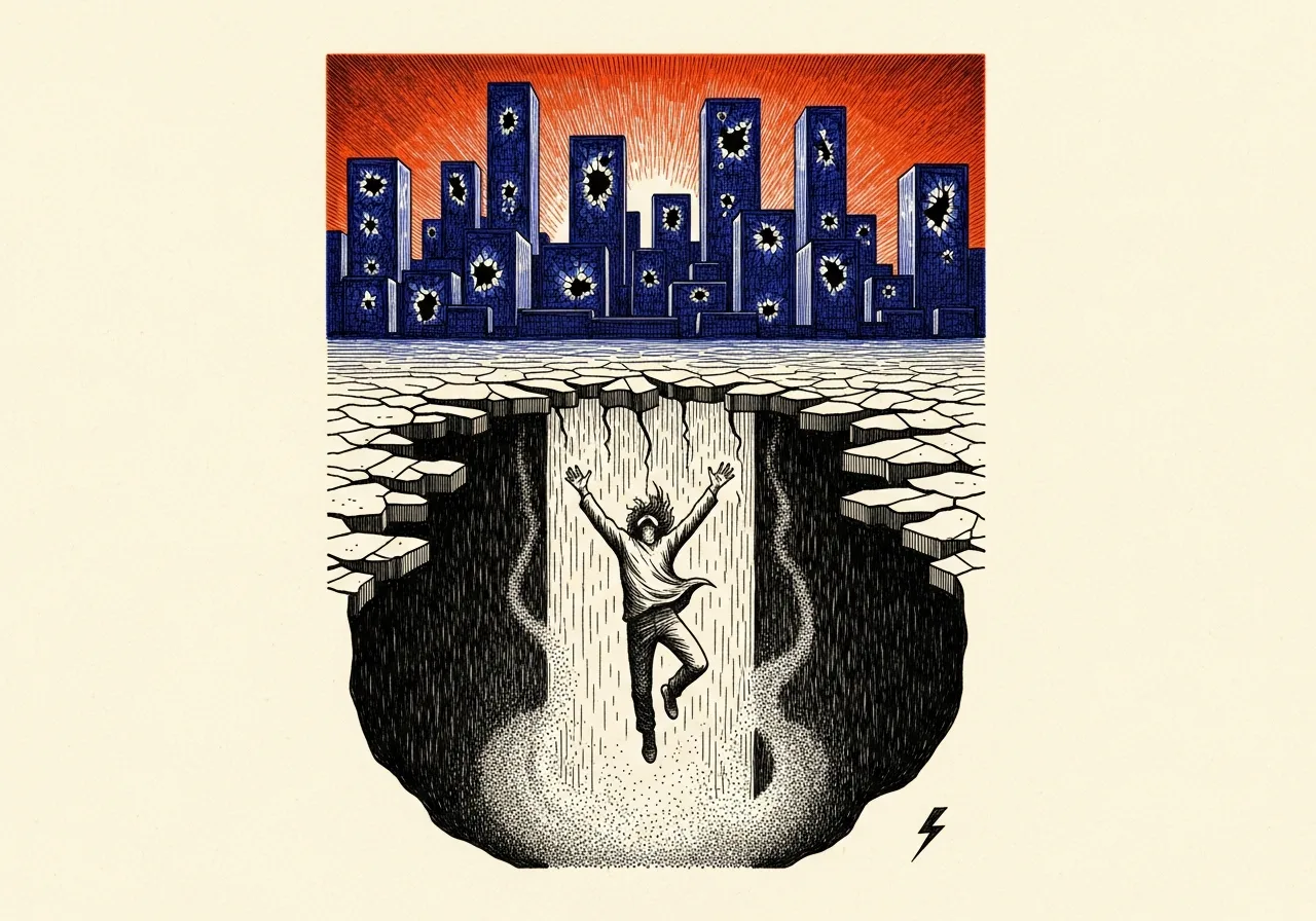 An etched pen-and-ink illustration with a blue accent, evoking "Falling or climbing".