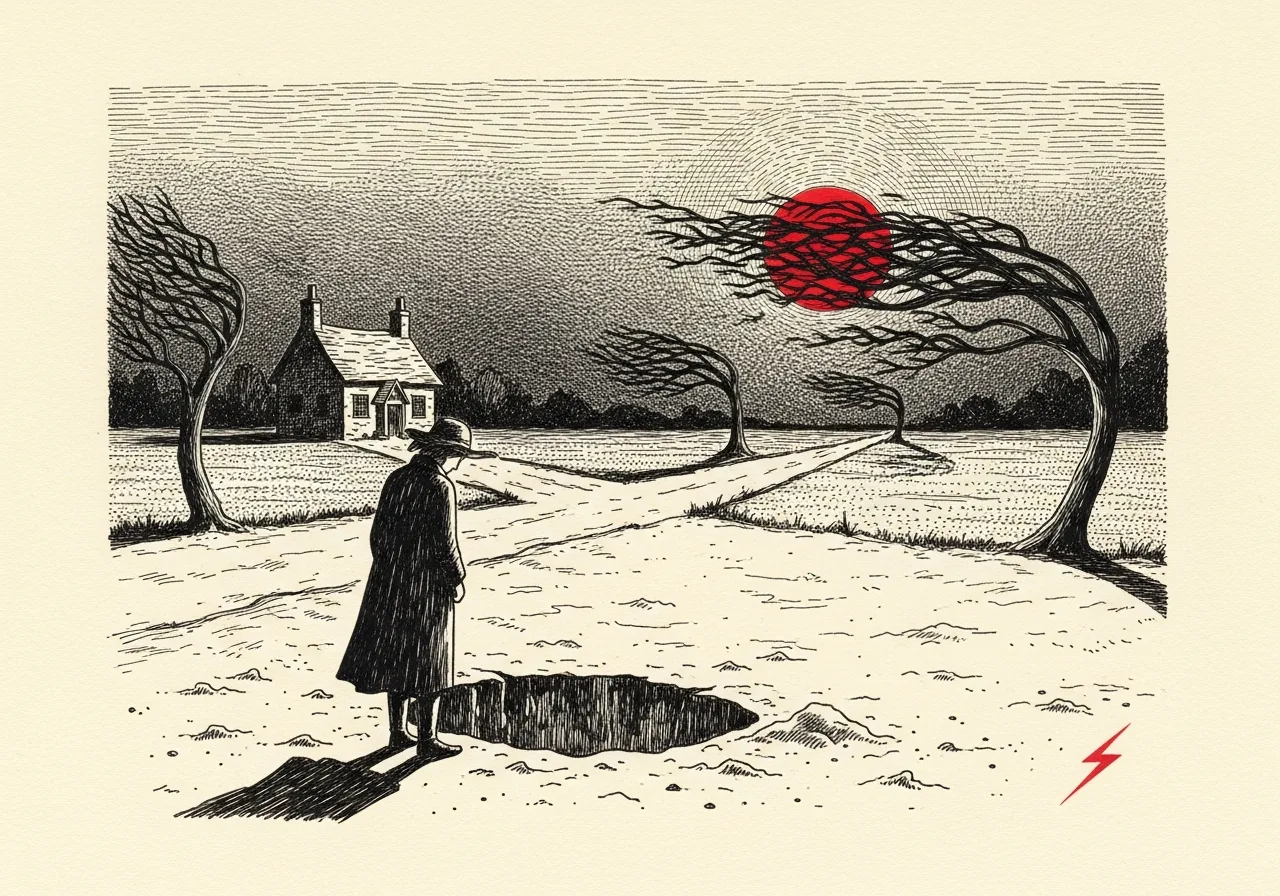 An etched pen-and-ink illustration with a red accent, evoking "Take a".