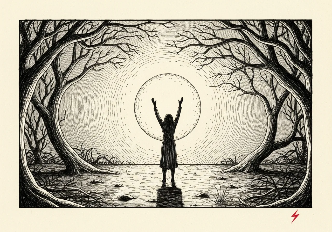 An etched pen-and-ink illustration with a red accent, evoking "The moon has no words".