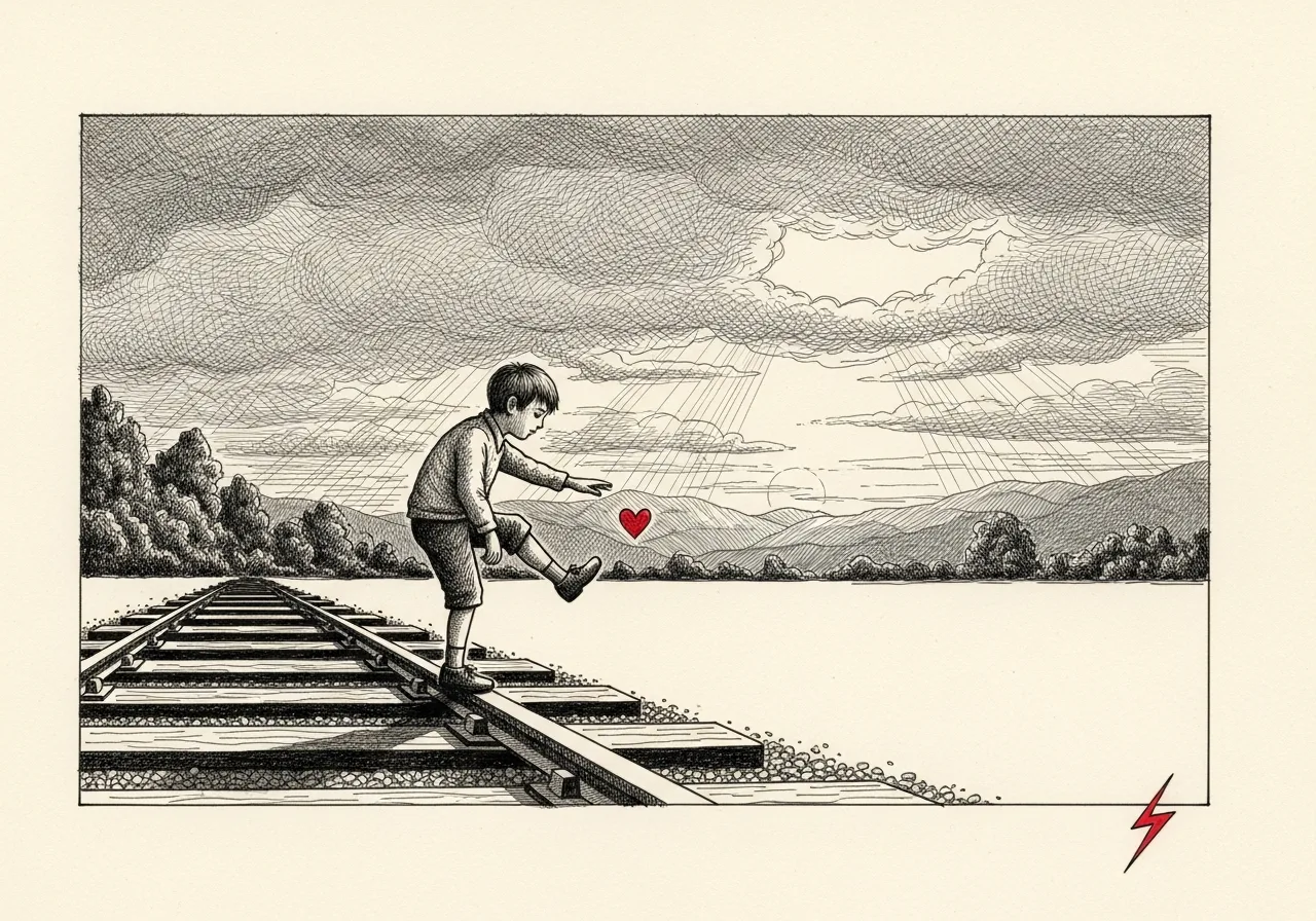 An etched pen-and-ink illustration with a red accent, evoking "I don’t know what my number is now…".