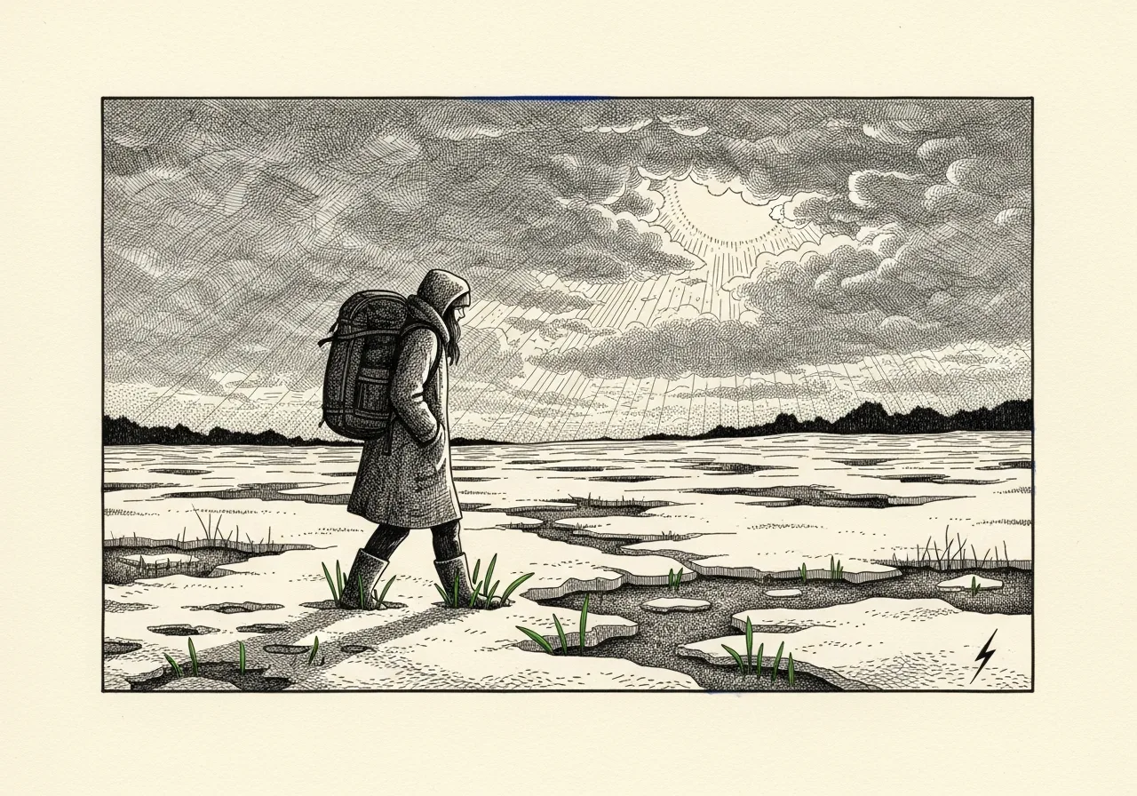 An etched pen-and-ink illustration with a blue accent, evoking "A newborn sun hides".