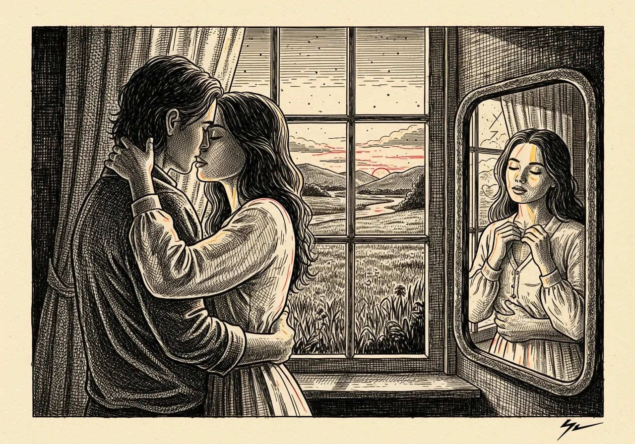 An etched pen-and-ink illustration with a red accent, evoking "It has been a good day so far.".