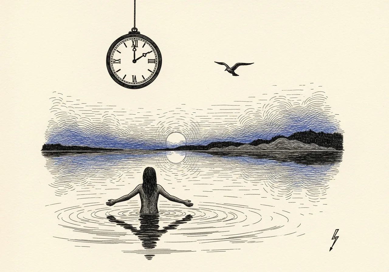 An etched pen-and-ink illustration with a blue accent, evoking "Lay your head".