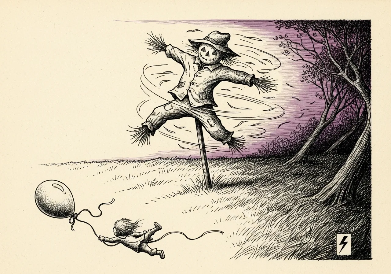 An etched pen-and-ink illustration with a purple accent, evoking "Even the scarecrow turned about.".