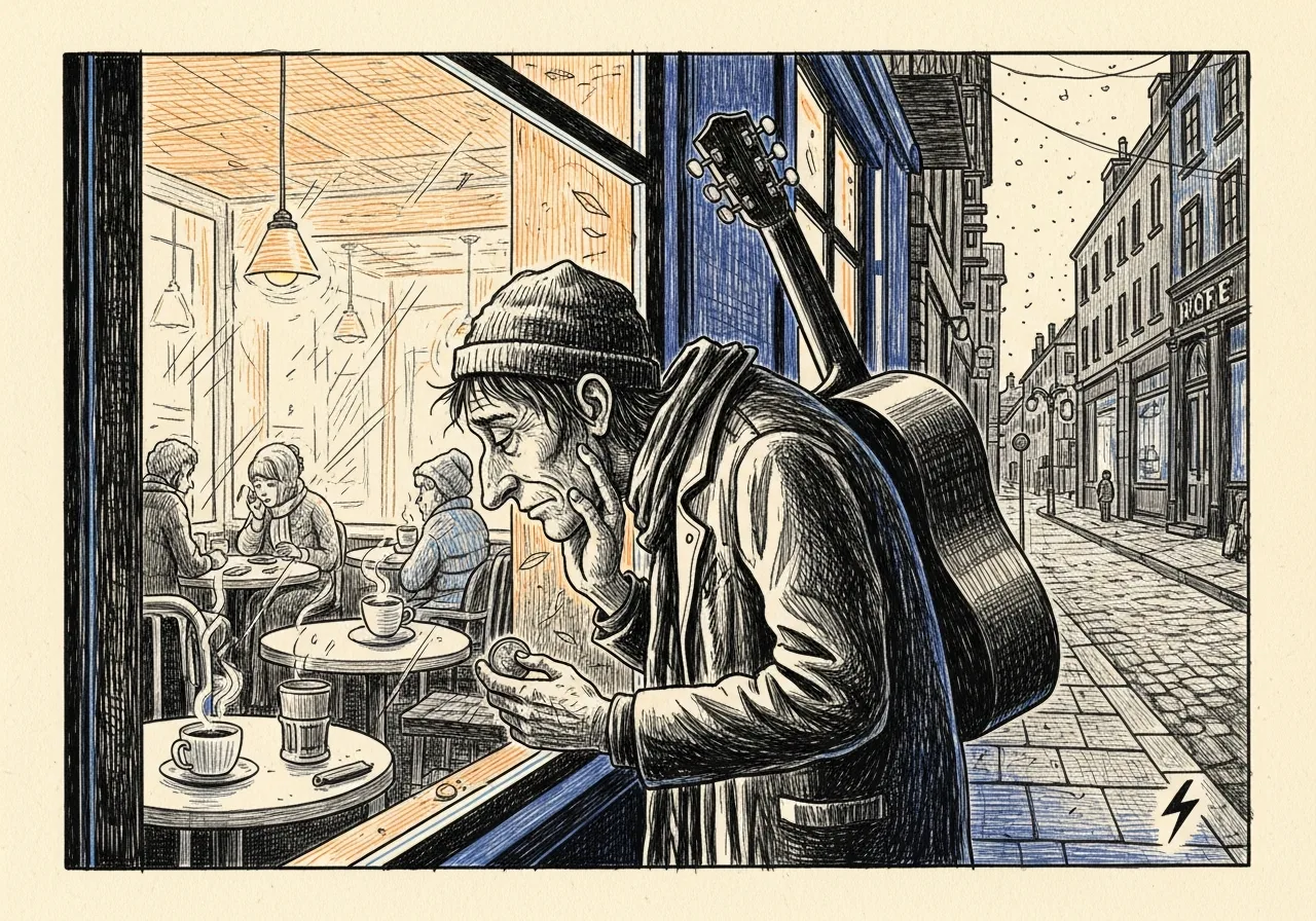 An etched pen-and-ink illustration with a blue accent, evoking "It was an opening.".
