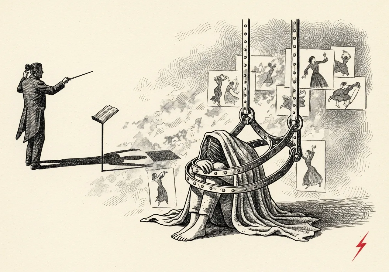 An etched pen-and-ink illustration with a red accent, evoking "Guilt….so often a useless emotion.".