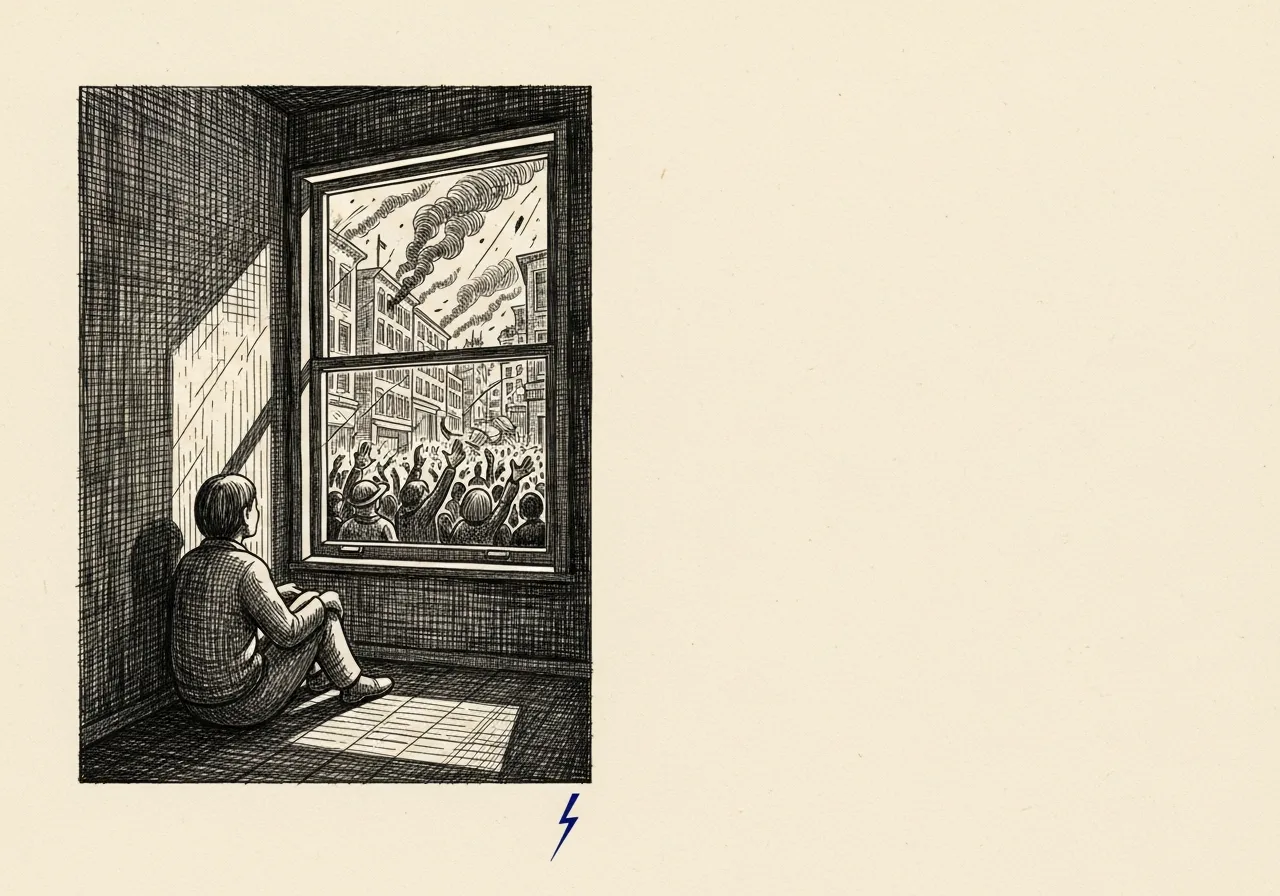 An etched pen-and-ink illustration with a blue accent, evoking "I can’t live".