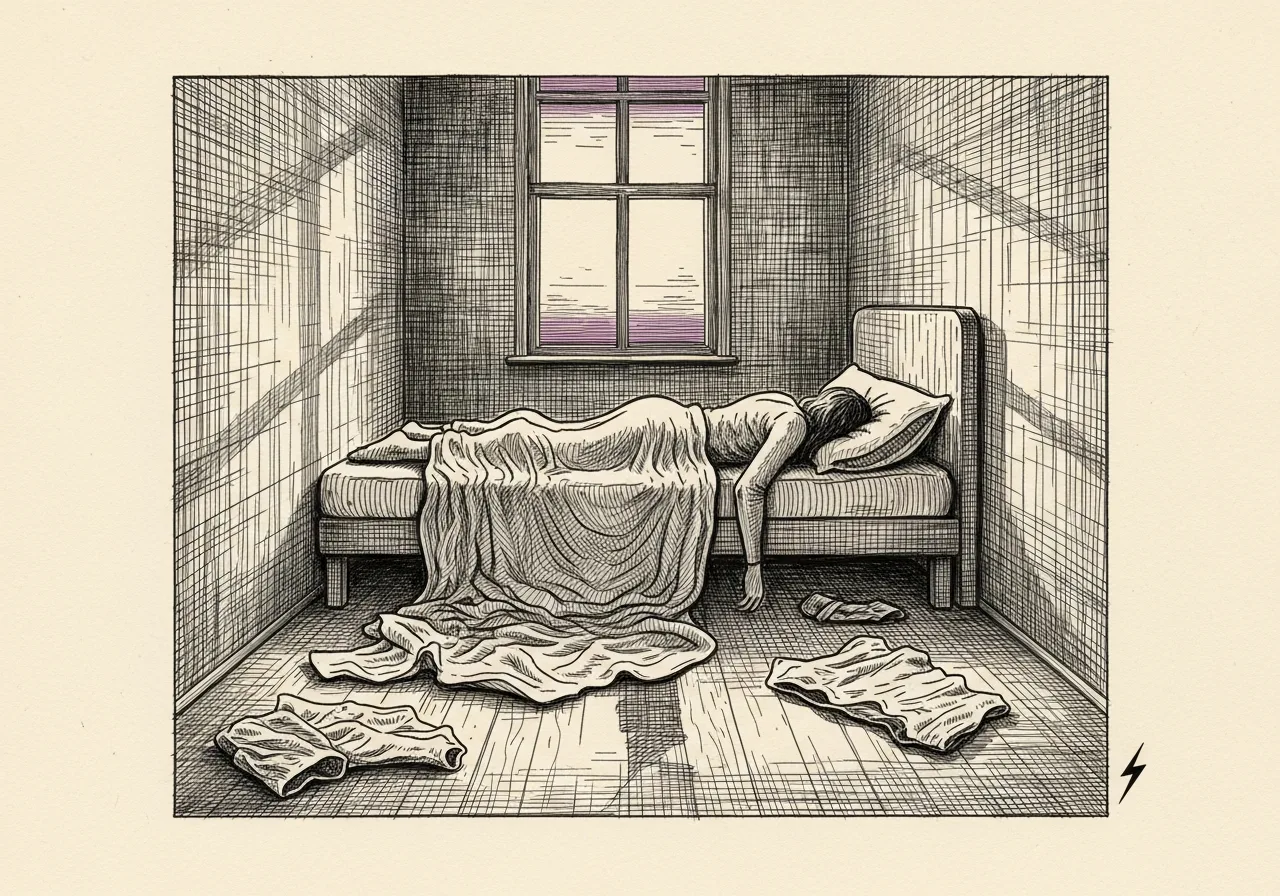 An etched pen-and-ink illustration with a purple accent, evoking "The day breaks".