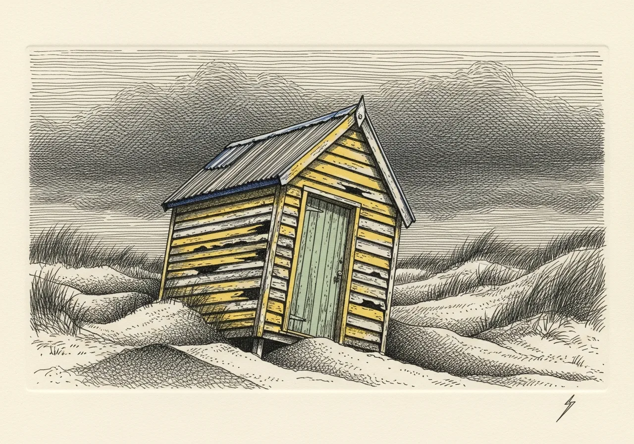 An etched pen-and-ink illustration with a blue accent, evoking "It stood,".