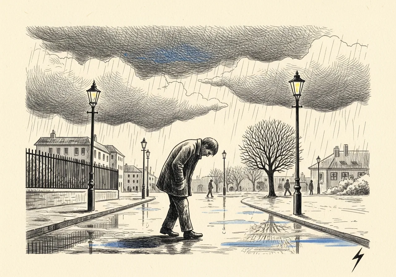 An etched pen-and-ink illustration with a blue accent, evoking "A weariness,".