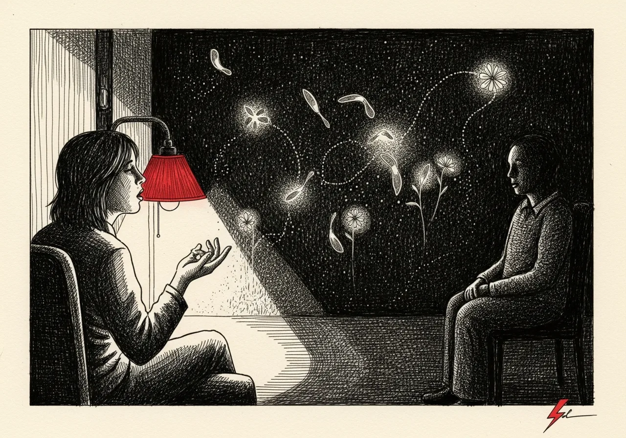 An etched pen-and-ink illustration with a red accent, evoking "What is it about talking".