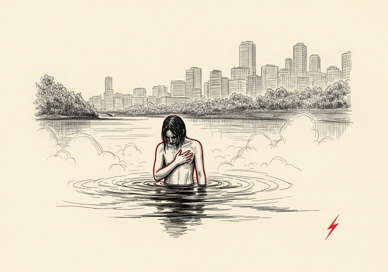 An etched pen-and-ink illustration with a red accent, evoking "Is any reality".