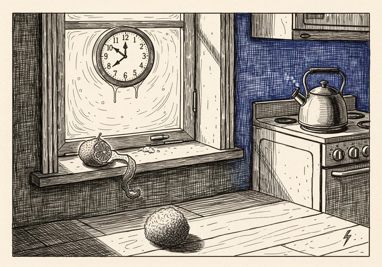 An etched pen-and-ink illustration with a blue accent, evoking "Even as it hangs, unmoving,".