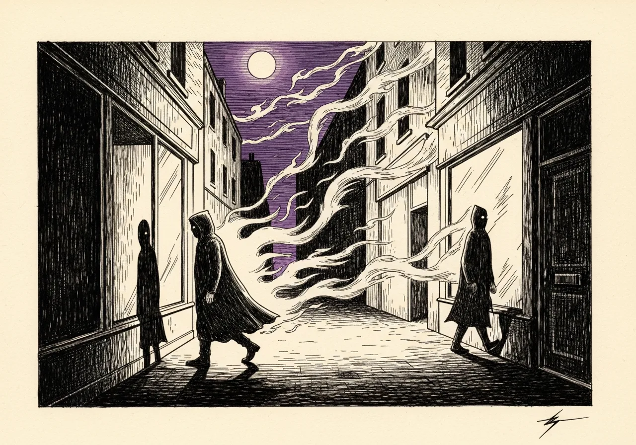 An etched pen-and-ink illustration with a purple accent, evoking "Avoid mirrors".