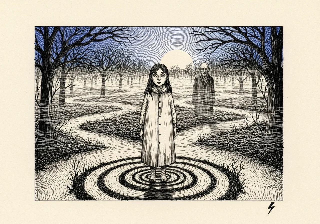 An etched pen-and-ink illustration with a blue accent, evoking "Do I yet know,".