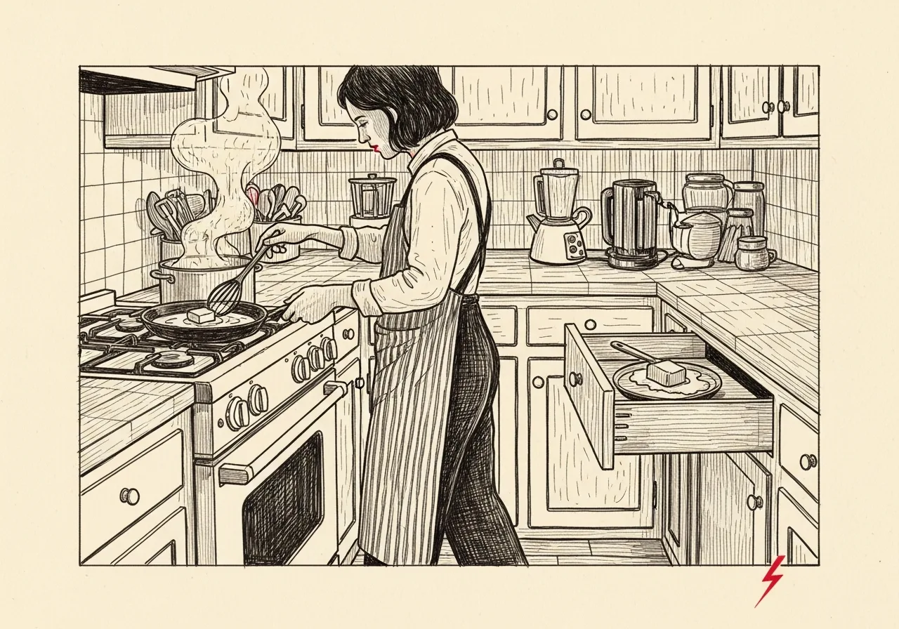 An etched pen-and-ink illustration with a red accent, evoking "I use my half brain".