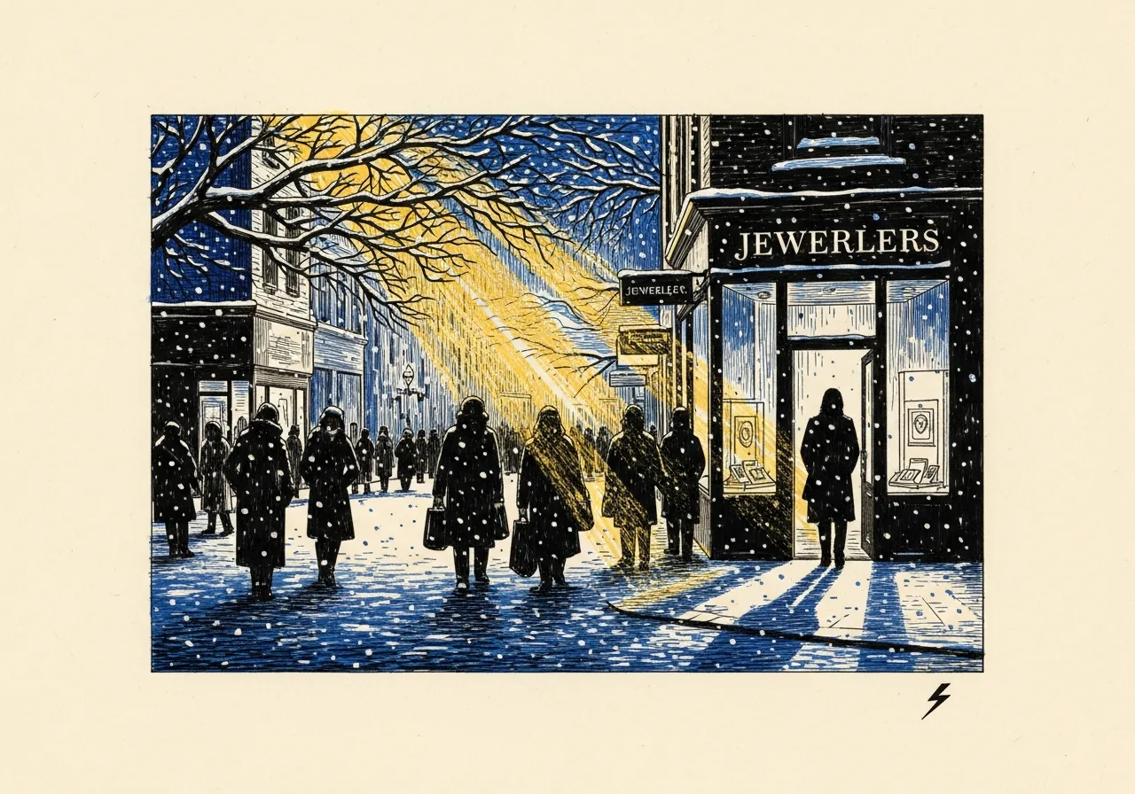An etched pen-and-ink illustration with a blue accent, evoking "In the snow flakes".