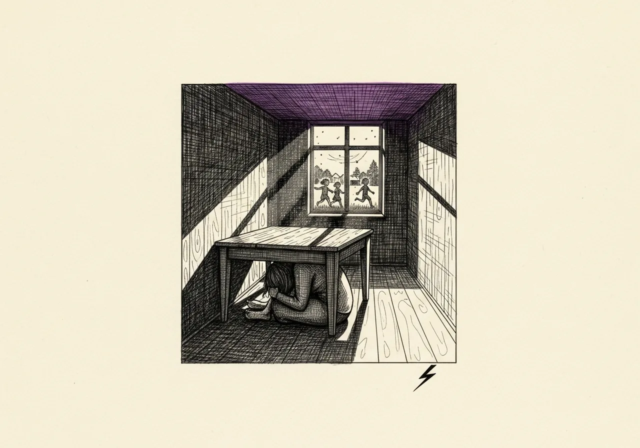 An etched pen-and-ink illustration with a purple accent, evoking "There is nothing".