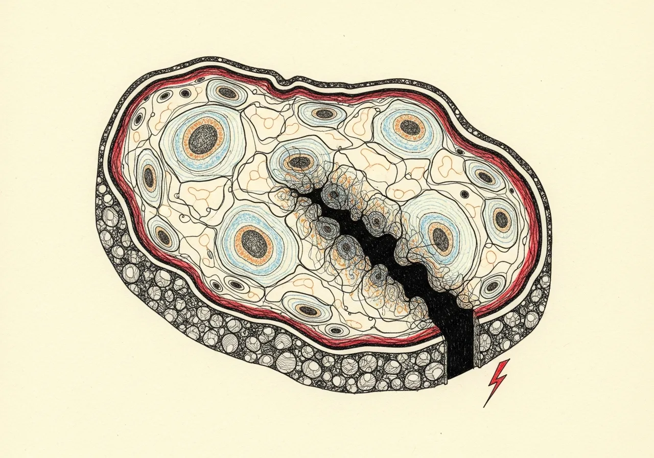 An etched pen-and-ink illustration with a red accent, evoking "We all look the same".