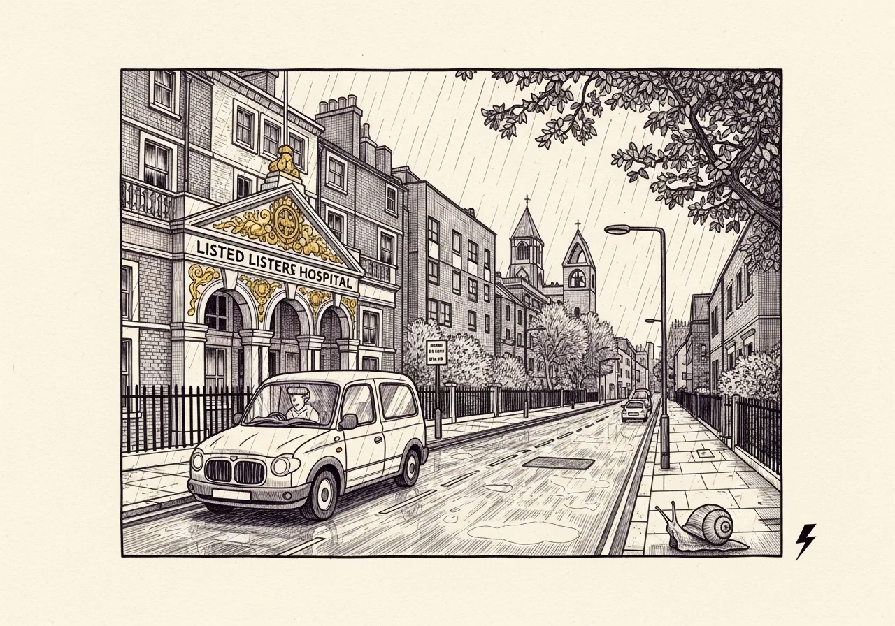 An etched pen-and-ink illustration with a purple accent, evoking "Inching up the Mile End Road.".