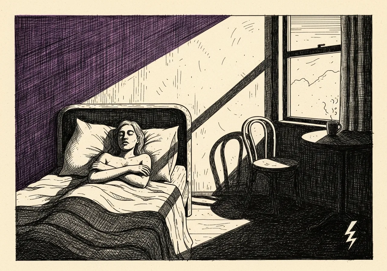 An etched pen-and-ink illustration with a purple accent, evoking "When I lie down".