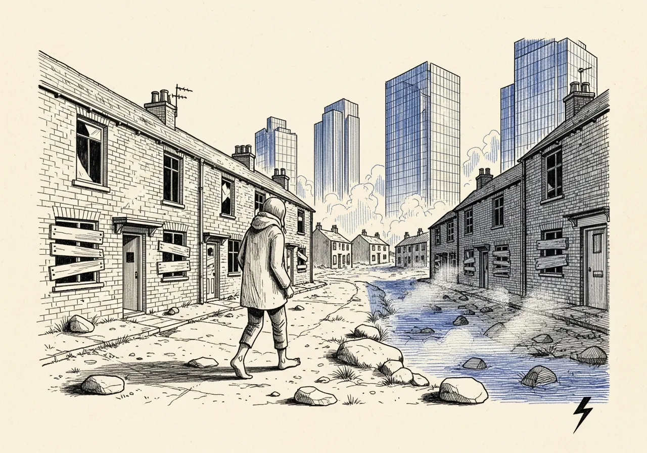 An etched pen-and-ink illustration with a blue accent, evoking "The A/C is fitted, it looks fine and works okay.".