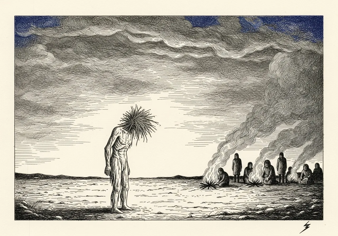 An etched pen-and-ink illustration with a blue accent, evoking "A cold front coming".