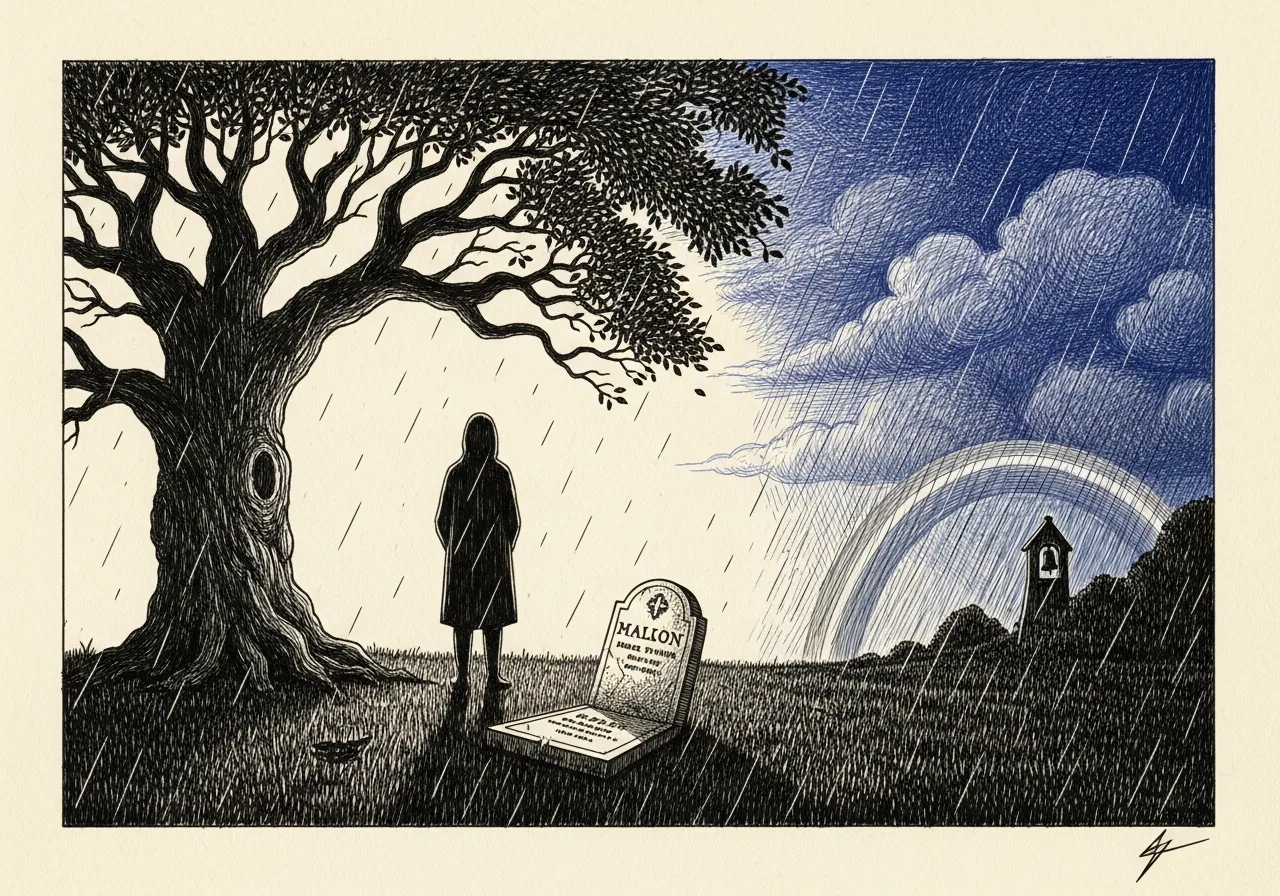 An etched pen-and-ink illustration with a blue accent, evoking "The short one.".