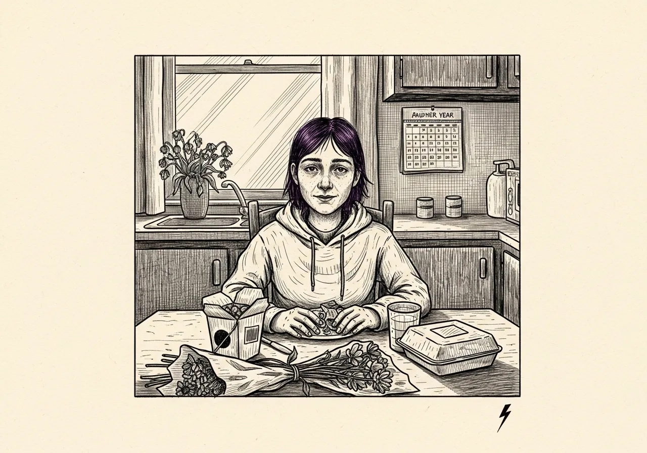 An etched pen-and-ink illustration with a purple accent, evoking "Five years on.".