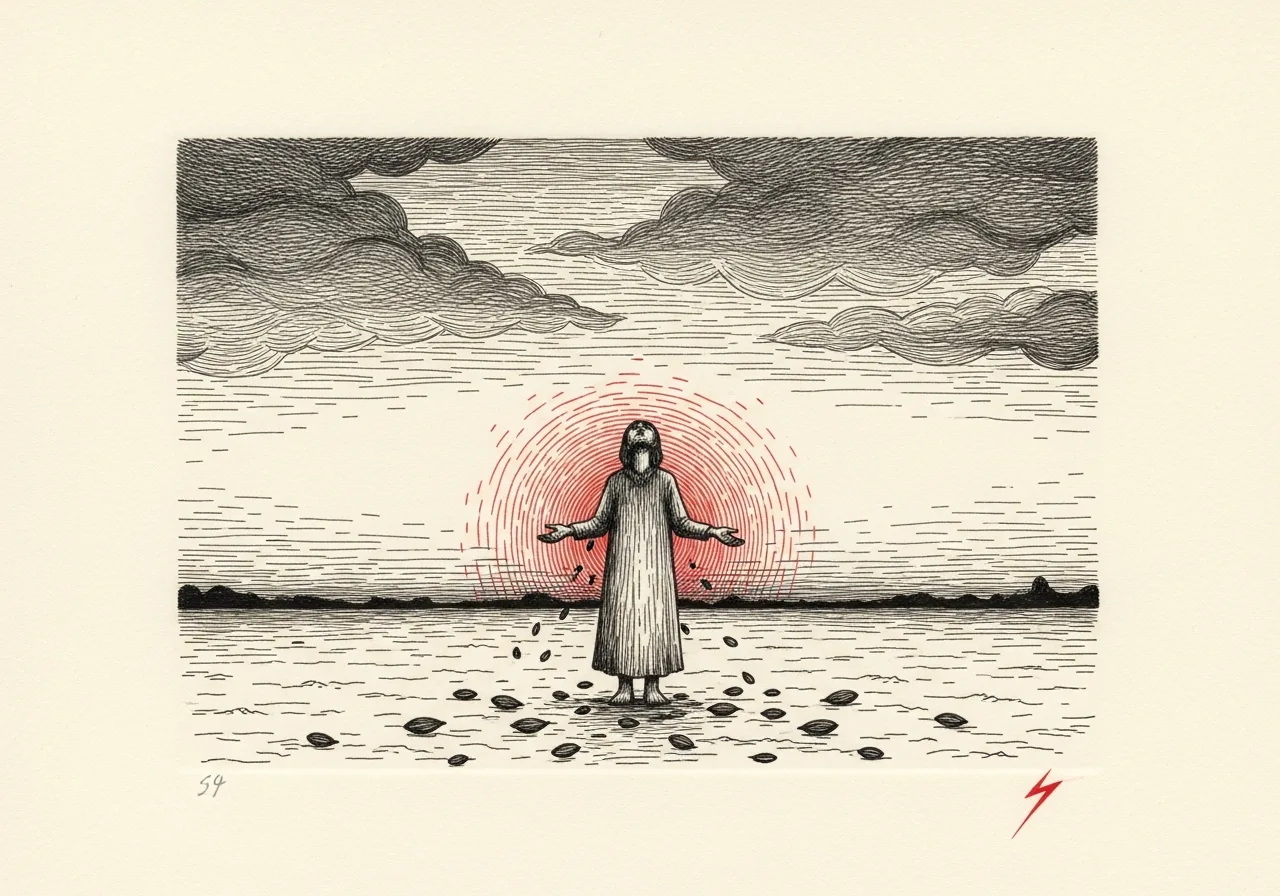 An etched pen-and-ink illustration with a red accent, evoking "Is what we do ever enough.".