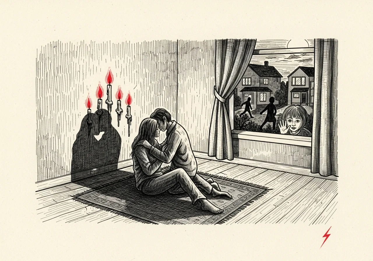 An etched pen-and-ink illustration with a red accent, evoking "It would never be us".