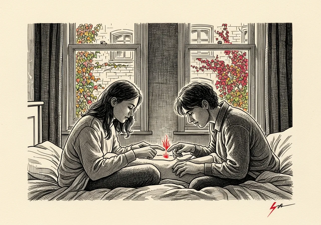 An etched pen-and-ink illustration with a red accent, evoking "There is a hush".