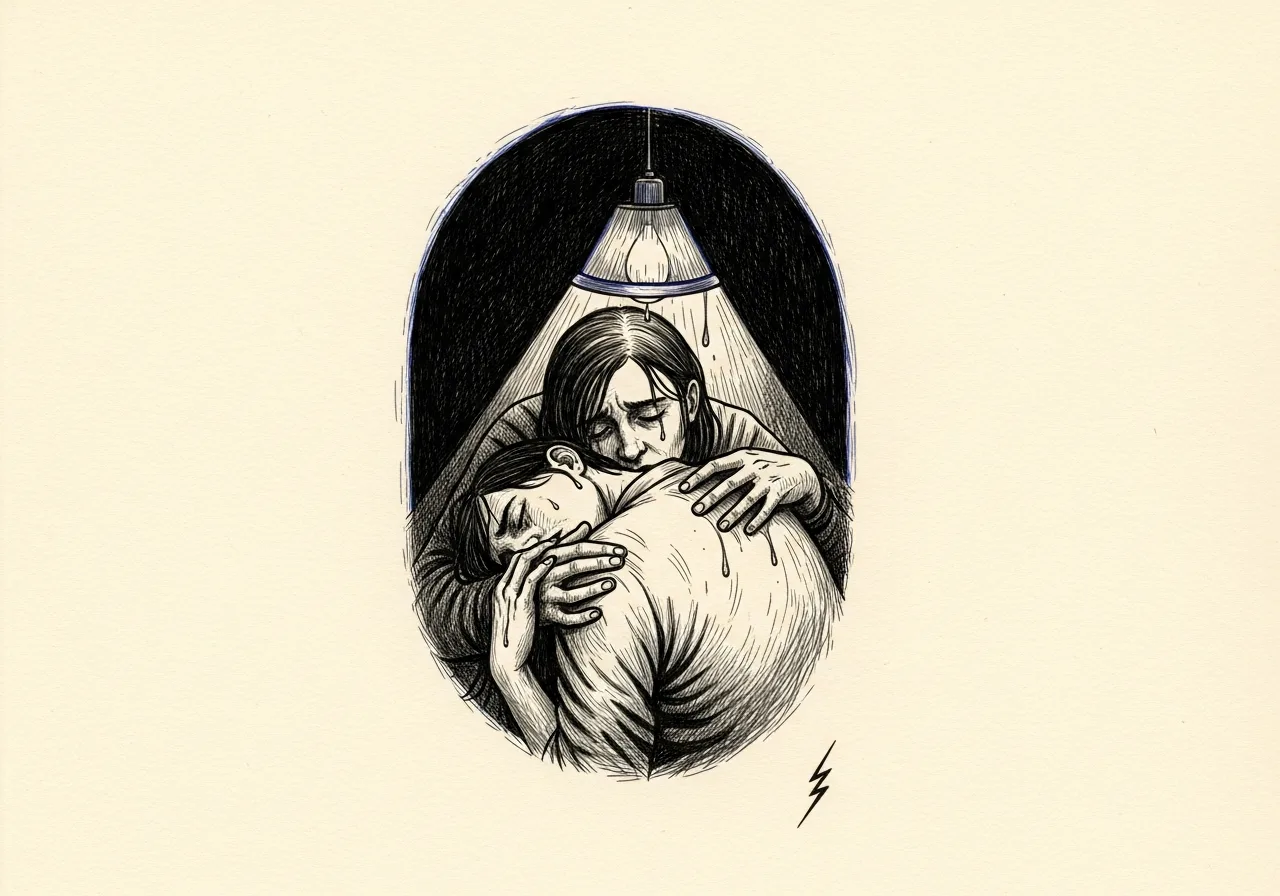 An etched pen-and-ink illustration with a blue accent, evoking "Though you cry, the pain".