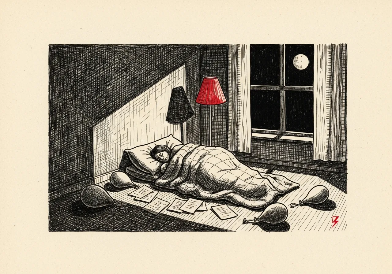 An etched pen-and-ink illustration with a red accent, evoking "I will make it up some other time.".