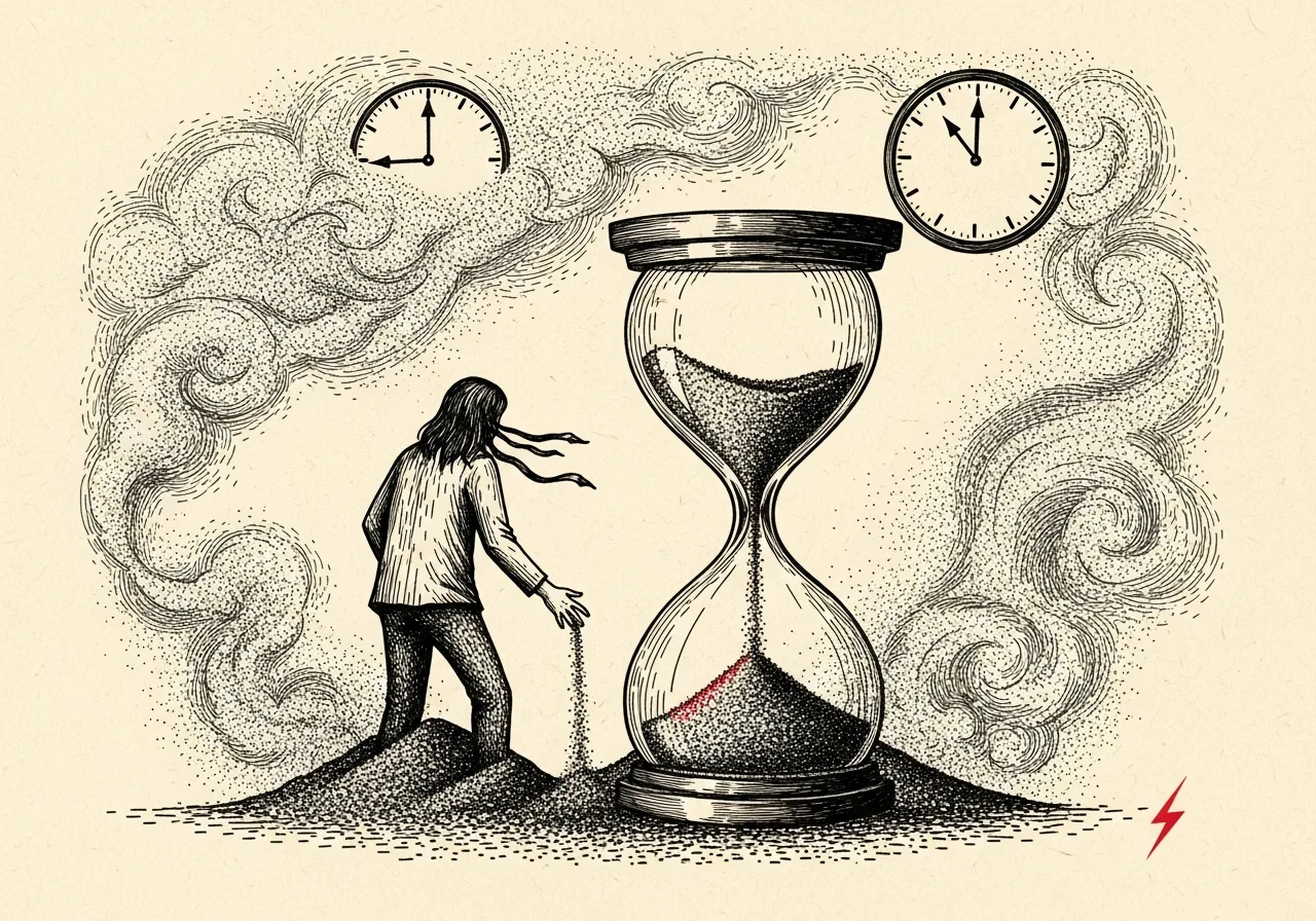 An etched pen-and-ink illustration with a red accent, evoking "On the clock,".