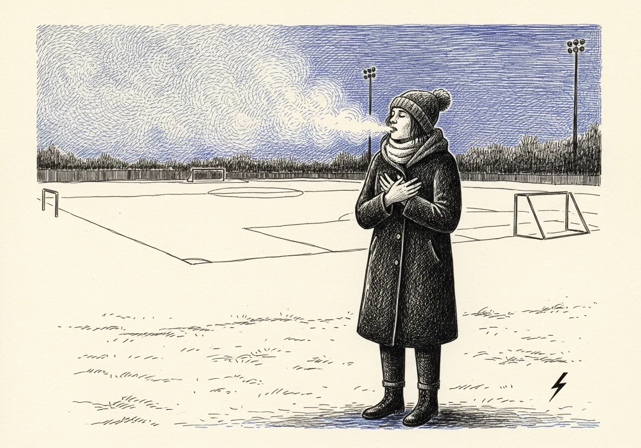 An etched pen-and-ink illustration with a blue accent, evoking "Football to watch tomorrow hurrah.".