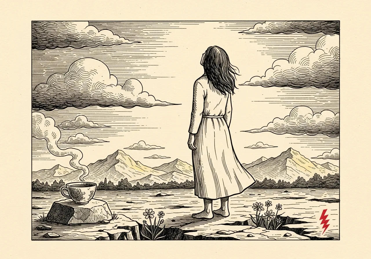 An etched pen-and-ink illustration with a red accent, evoking "Take heart".