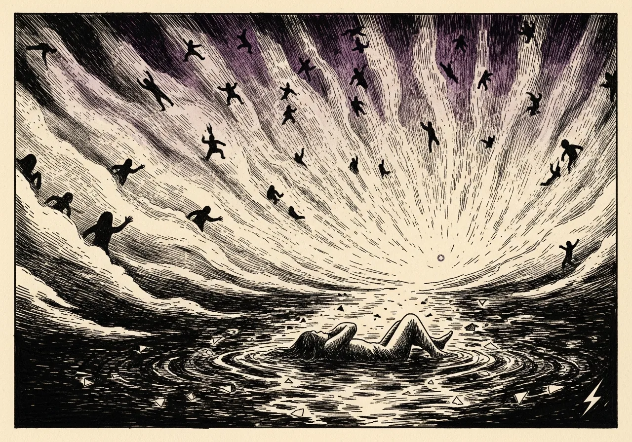 An etched pen-and-ink illustration with a purple accent, evoking "Are we all obsessed".