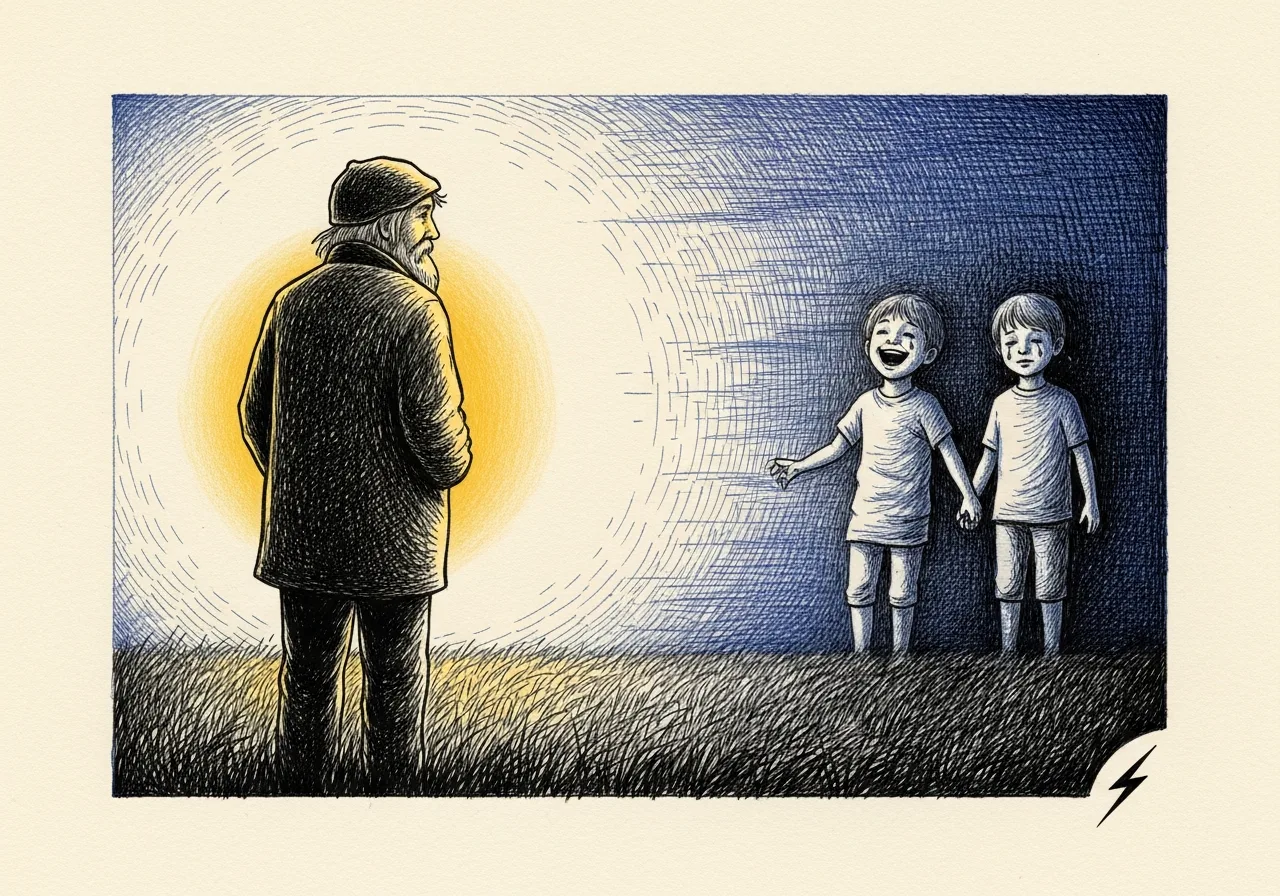 An etched pen-and-ink illustration with a blue accent, evoking "Just a moment ago,".