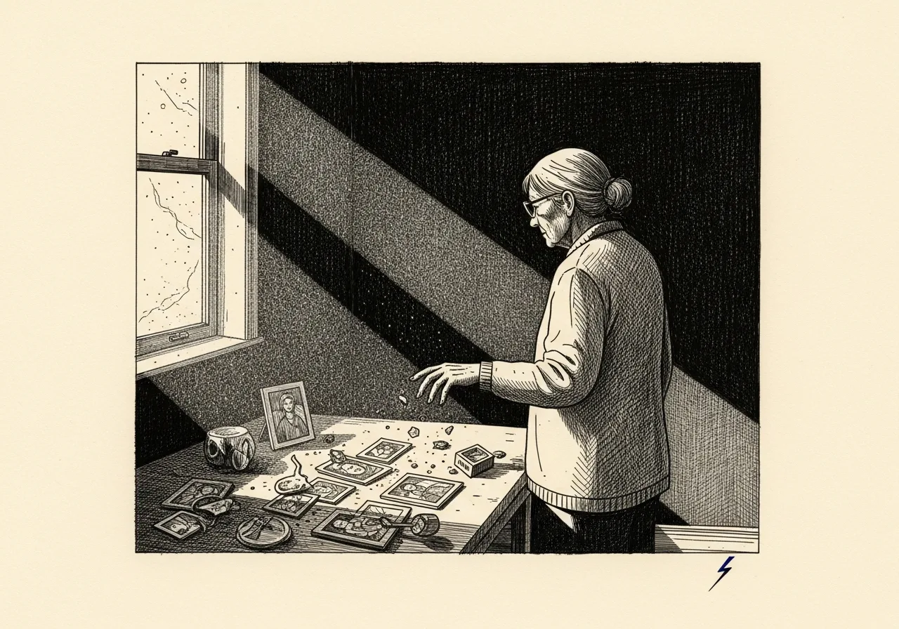 An etched pen-and-ink illustration with a blue accent, evoking "All things Past.".